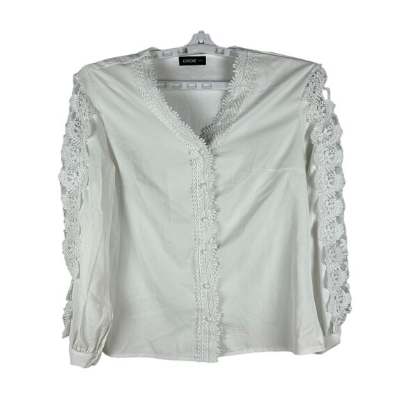 ChicMe White Long Sleeve Blouse With Lace Trim & Button Closure Size L - Picture 1 of 7